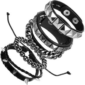 4 PCS Punk Rock Leather Bracelets for Men Women Women Spike Bracelets Cuff Bracelet Emo Punk Rock Leather Goth Pracelections 80s Wristband for Rocker Outfits