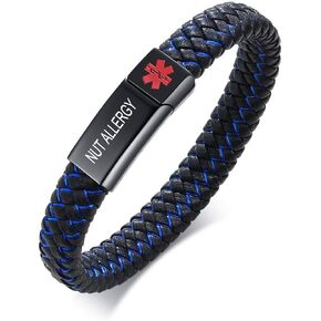 VNOX Blue Braided Leather Adjustable Cuff Bangle Medical ID Bracelet for Men