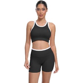 Women 2 Piece Ribbed Workout Sets - Seamless Yoga Shorts Outfit and Sport Crop Top Matching Gym Set