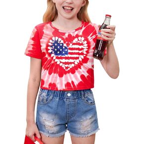 Besserbay 4th of July Girls Flag American الوطنية Tshirts Crew Neck Tops Tops 6-14 Years