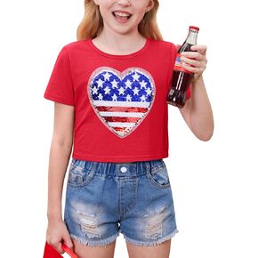 BesserBay 4th of July Girls American Flag Patriotic Tshirts Crew Neck Short Sleeve Crop Tops 6-14 Years in Kuwait