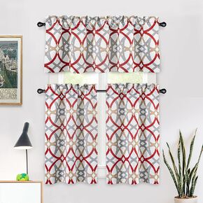 DriftAway 3 Piece Red Kitchen 36 Inch Curtains with Valance and Tier Sets Light Filtering Geo Mid Century Rod Pocket Cafe Short Curtains for Small Half Window Bathroom Living Room