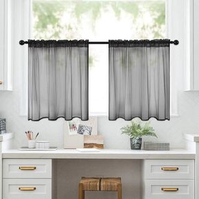 2 Panels Black Kitchen Curtains Terylene Light Filtering Short Tier Curtain for Bathroom Basement - Black 2pcs (30 * 24 inch)