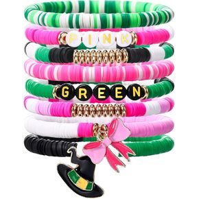 8 Pcs Witch Friendship Bracelets Adjustable Green Pink Braided Matching Bracelet with Witch Hat Pink Bow Movie Merchandise Gift BFF Couples Accessories for Fans Party Favors Dress Decor