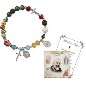 سوار بادري بيو مع بطاقة سانت بيو قصة ، بطاقة صلاة الرب | سوار سانت بيو التمدد | Padre Pio Jewelry مع بطاقة القصة مجموعة للتواصل الأول ، التأكيد ، المعمودية | 2 العناصر المجموع