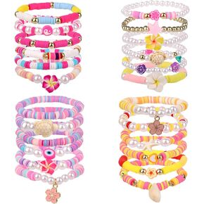 24pcs أساور الصداقة في هاواي ، الأساور البوهيمية المرنة بالخرز الملونة y2k pearl summer beach المجوهر