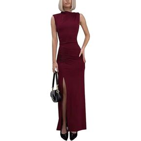Fecafo Womens Mour Neck Ruched Bodycon Maxi Dress Sexy Side Slit Evening Cocktail Dress Club Party Olcyfleess Dresses Long