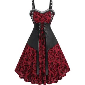 Rosegal Women Plus Size Gothic Lace-up PU Leather Patchwork Flocking Midi Dress Buckles Lace Trim Vintage Goth Midi Dress in Saudi Arabia
