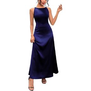 Women's Sleeveless Satin Maxi Dress Boat Neck High Waist Elegant Cocktail Wedding Guest Tank Dress Summer 2025