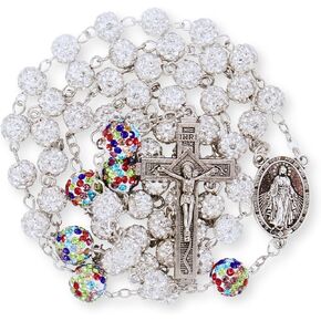 Nazareth Store Rhinestones Crystal Beads Rosary, Catholic Rosary Necklace with Silver Miraculous Medal INRI Crucifix, Multicolor Rosaries in a Gift Case