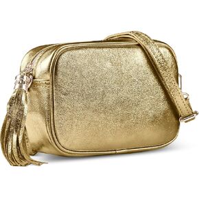 Italian Genuine Metallic Suede Crossbody Bag for Women with Tassel Zipper | Camera Purse Shoulder Handbag Pocketbook