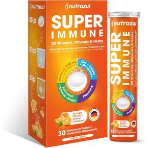 Nutrazul Super Immune Effervester أقراص | يحافظ على وظيفة المناعة ودعم مضادات الأكسدة | 20 الفيتامينات والمعادن والأعشاب | نكهة برتقالية | 30 قرصًا