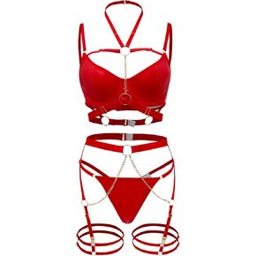 Sexy O Ring Chain Strappy Push Up Choker Garter Belt Outfits Lingerie Set 3 Piece