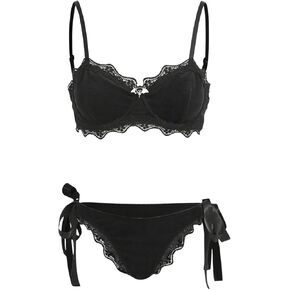 MakeMeChic Women's 2 Piece Lingerie Set Contrast Lace Underwire Bra and Tie Side Panty Sets