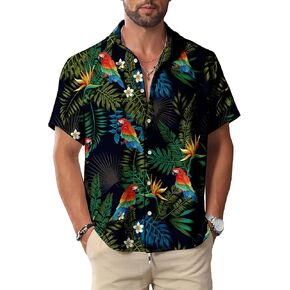 Kyku Hawaiian Shirt Button Men: Partrots Parts Print Multicolor XL