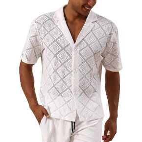 OLEMEK Men's Fashion Lace Shirt Hollow Out Sheer See Through Short Sleeve Button Down Shirts Casual Summer Top