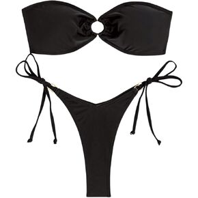 SweatyRocks Women's 2 Piece Strapless Bandeau Bikini Sets High Cut Tie Side Swimsuit Beachwear