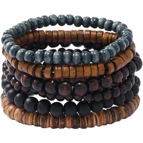 Wooden Bead Bracelet Set 6 Pieces, Flexible Multilayer Wrap Bangles, 7-8.5 inches, Punk Grunge Gothic Bikers
