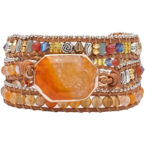 ygline boho 3 Wrap Bead Bead Bracelet يدويًا مصنوعًا يدويًا اللون البرتقالي الطبيعي العقيق الحجر الكريستال بالخرز من الجلد حبل حبل شفاء اليوغا مجوهرات المجوهرات