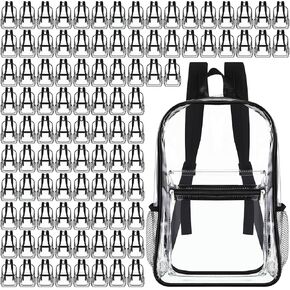 Amylove 100 Pack Clear Backpack Bulk Large Heavy Duty Transparent Backpack PVC Bookbag with Adjustable Straps for Work Sports Stadium (Black)