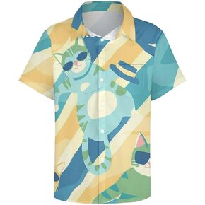 Mens Hawaiian Shirts Funny Cat Print Short Sleeve Aloha Beach Shirt Cute Cat Summer Button Down Shirt