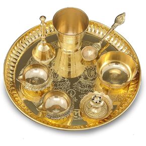 Brass Pooja Thali Set 8 Inch with Pital Plate Glass Nag Archmini Spoon Ghanti Kuber Diya Dhup Dan Bowl Puja Thali for Diwali Home Mandir Office Wedding Return Gift Items