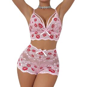 Sexy Strappy Floral Lace High Waist Mesh Sheer Short Pajamas Lingerie Lounge Set 2 Piece