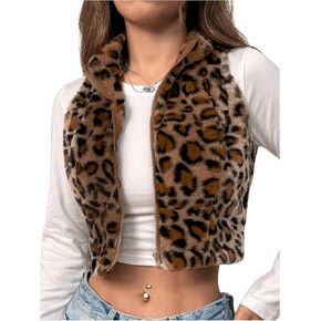 Women's Y2k Leopard Print Cropped Vest Jacket Zip Up Fuzzy Sleeveless Cheetah Outwear