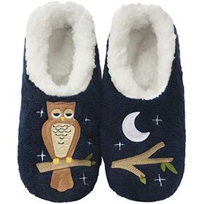 Snoozies Pairable Slipper Socks - Funny House Slippers for Women, Non-Slip Fuzzy Slipper Socks - Up Owl Night - Small