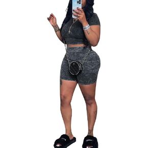 Womens Two Piece Outfits Lounge Sets Retro Short Sleeve Crop Top High Waist Shorts Jogging Yoga Set Streetwear in Saudi Arabia