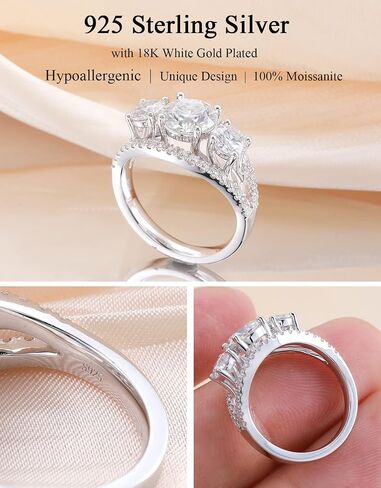 2ct Emerald Cut Moissanite Engagement 3-Stone Ring For Women 18 K White Gold Plated S925 Sterling Silver Vintage Flowers Hollow Ring For Her in Saudi Arabia