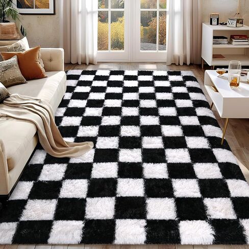 Rugs for Bedroom Living Room, 4x6 ft Black and White Checkered Area Rug, Fluffy Soft Washable Carpet, Modern Non-Slip Shag Carpets for Boys Girls Nursery Home Aesthetic Decor in Saudi Arabia