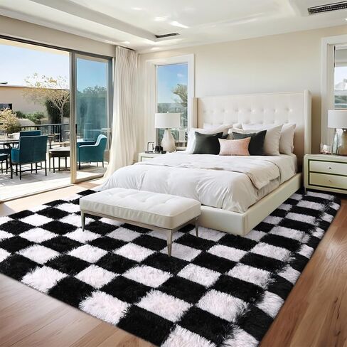 Rugs for Bedroom Living Room, 4x6 ft Black and White Checkered Area Rug, Fluffy Soft Washable Carpet, Modern Non-Slip Shag Carpets for Boys Girls Nursery Home Aesthetic Decor in Saudi Arabia