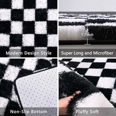 Rugs for Bedroom Living Room, 4x6 ft Black and White Checkered Area Rug, Fluffy Soft Washable Carpet, Modern Non-Slip Shag Carpets for Boys Girls Nursery Home Aesthetic Decor in Saudi Arabia