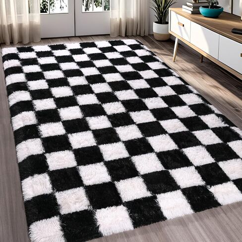Rugs for Bedroom Living Room, 4x6 ft Black and White Checkered Area Rug, Fluffy Soft Washable Carpet, Modern Non-Slip Shag Carpets for Boys Girls Nursery Home Aesthetic Decor in Saudi Arabia