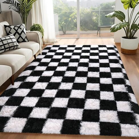 Rugs for Bedroom Living Room, 4x6 ft Black and White Checkered Area Rug, Fluffy Soft Washable Carpet, Modern Non-Slip Shag Carpets for Boys Girls Nursery Home Aesthetic Decor in Saudi Arabia