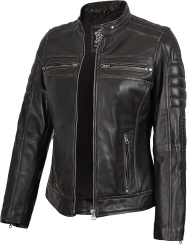 fjackets Real Leather Jacket Women - Cafe Racer Slim Fit Stand Collar Womens Motorcycle Jackets in Kuwait