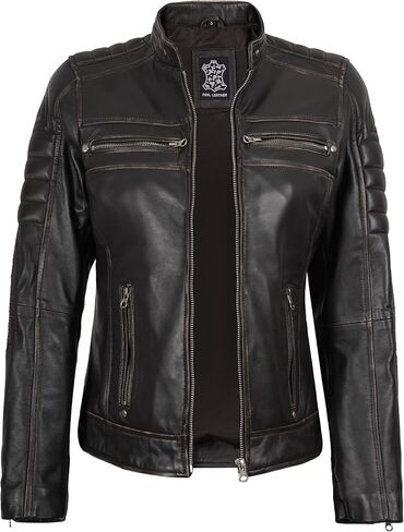 fjackets Real Leather Jacket Women - Cafe Racer Slim Fit Stand Collar Womens Motorcycle Jackets in Kuwait
