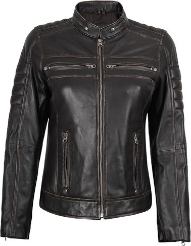 fjackets Real Leather Jacket Women - Cafe Racer Slim Fit Stand Collar Womens Motorcycle Jackets in Kuwait