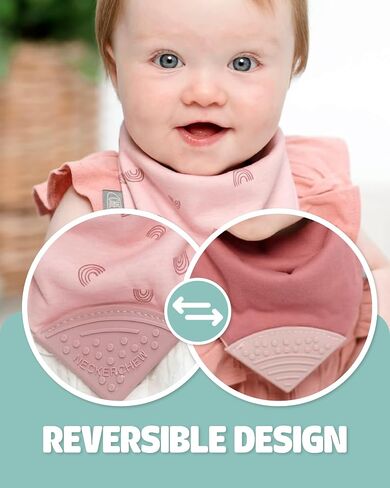مريلة التسنين Cheeky Chompers Neckerchew (Baby Dino)، مريلة 2 في 1 على شكل باندانا مع عضاضة من السيليكون الآمن غذائيًا، للأطفال والرضع، تصميم مبتكر على شكل غمازات يهدئ اللثة، مريلة ماصة مكونة من 3 طبقات in Kuwait