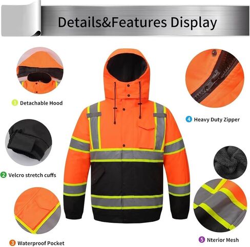 High Visibility Hoodie For Men Reflective Safety Jacket Zipper Men'S/Women'S Construction Work Safety Insulated Parka in Kuwait