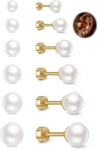 Small Pearl Stud Earrings for Women, 6 Pairs Hypoallergenic Flat Back Silver Pearl Studs Set 4-9MM, Surgical Stainless Steel Stud Earrings Sets for Multiple Piercing in Saudi Arabia