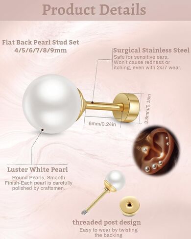Small Pearl Stud Earrings for Women, 6 Pairs Hypoallergenic Flat Back Silver Pearl Studs Set 4-9MM, Surgical Stainless Steel Stud Earrings Sets for Multiple Piercing in Saudi Arabia