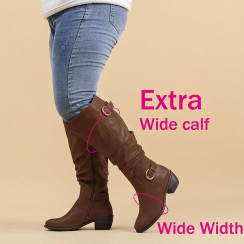 Luoika Women's Extra Wide Calf Knee High Boots, Wide Width Slouchy Knee-High Boots Low Stacked Heel Winter Fall Plus Size Boots. in Saudi Arabia