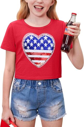 BesserBay 4th of July Girls American Flag Patriotic Tshirts Crew Neck Short Sleeve Crop Tops 6-14 Years in Saudi Arabia