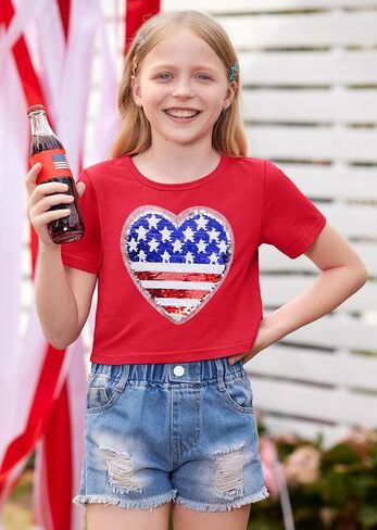 BesserBay 4th of July Girls American Flag Patriotic Tshirts Crew Neck Short Sleeve Crop Tops 6-14 Years in Saudi Arabia