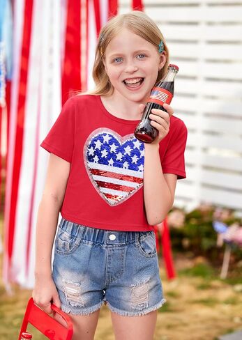 BesserBay 4th of July Girls American Flag Patriotic Tshirts Crew Neck Short Sleeve Crop Tops 6-14 Years in Saudi Arabia