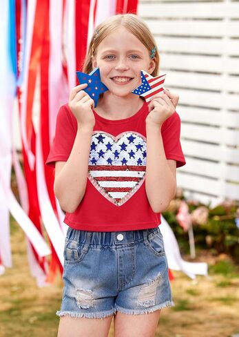 BesserBay 4th of July Girls American Flag Patriotic Tshirts Crew Neck Short Sleeve Crop Tops 6-14 Years in Saudi Arabia
