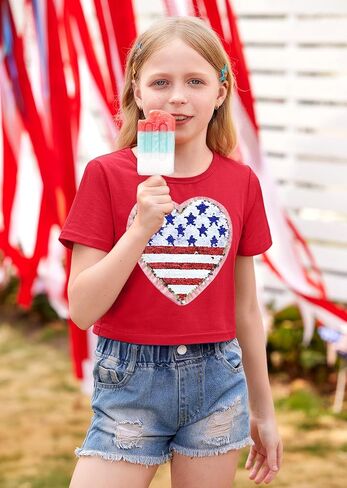 BesserBay 4th of July Girls American Flag Patriotic Tshirts Crew Neck Short Sleeve Crop Tops 6-14 Years in Saudi Arabia
