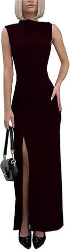 FECAFO Womens Mock Neck Ruched Bodycon Maxi Dress Sexy Side Slit Evening Cocktail Dress Club Party Sleeveless Long Dresses in Kuwait